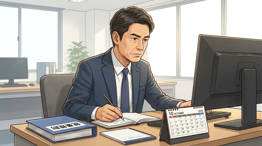 Businessman in a blue suit sits at an office desk, writing in a notebook with a calendar showing October 2023 on the desk.
