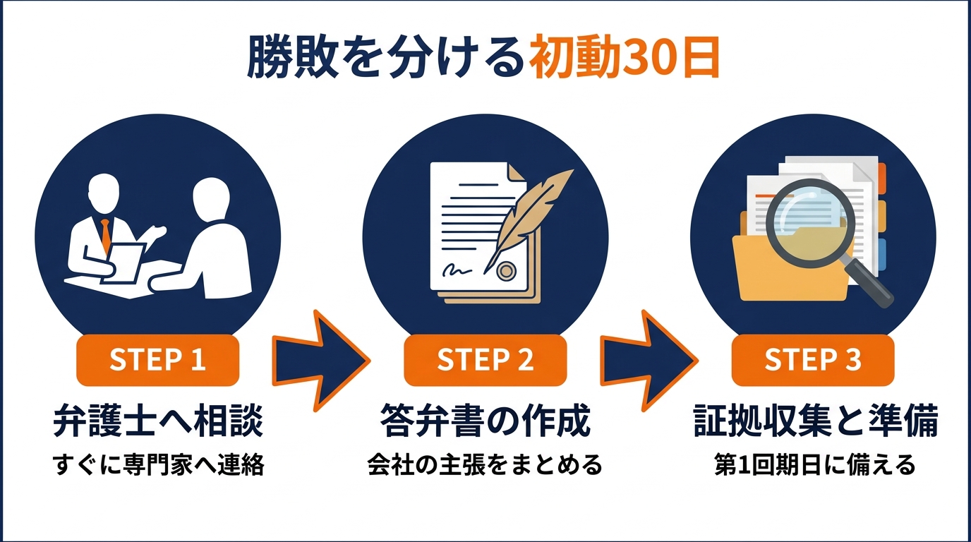労働審判の通知が届いてから最初の30日間で会社が取るべき3つのステップを示したフローチャート。弁護士への相談、答弁書の作成、証拠収集という流れを解説。