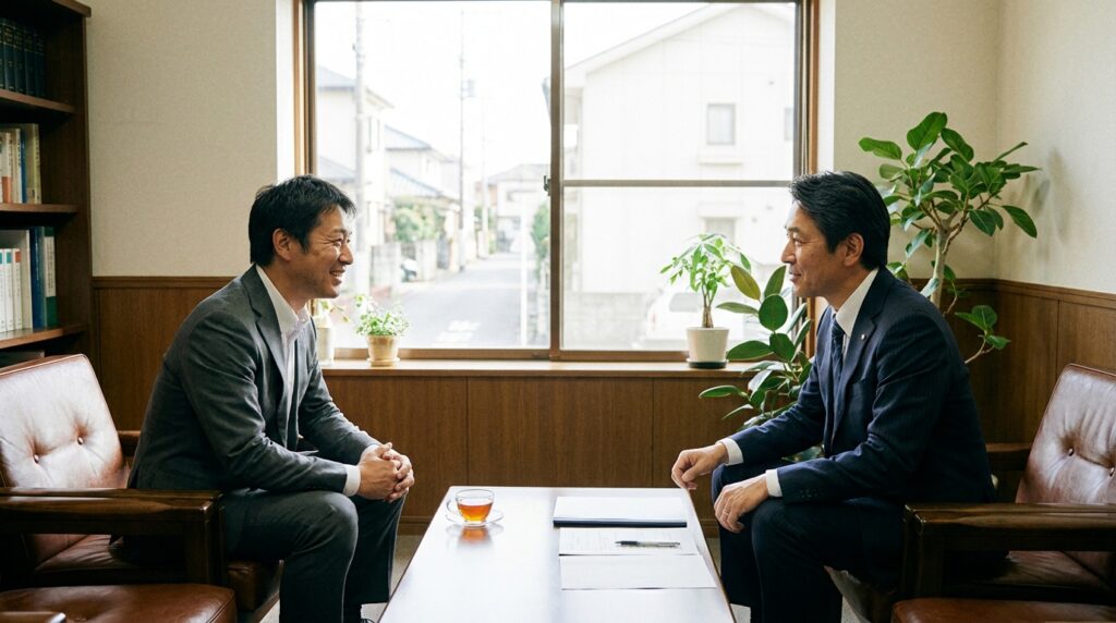 Two businessmen sit across from each other in a wood-paneled office, smiling during a meeting with a cup of tea on the table between them.