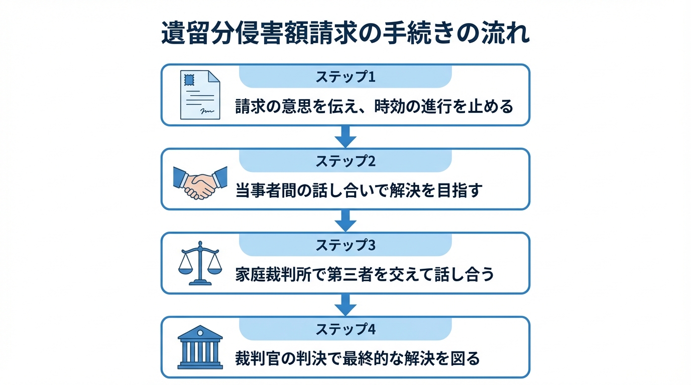 遺留分侵害額請求の4つのステップ。内容証明郵便、交渉、調停、訴訟という流れをフローチャートで示している。