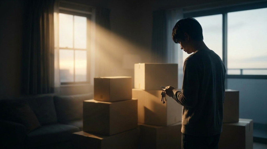 Person standing in a dim living room at sunset, holding a set of keys beside stacked moving boxes.