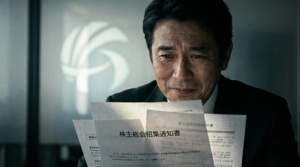 Japanese businessman in a suit reads a stack of papers with Japanese text, concentrating on the documents in a dimly lit office environment.