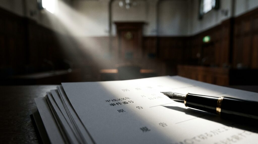 Close-up of a black fountain pen resting on stacked documents with Japanese text in a sunlit, wood-paneled room.