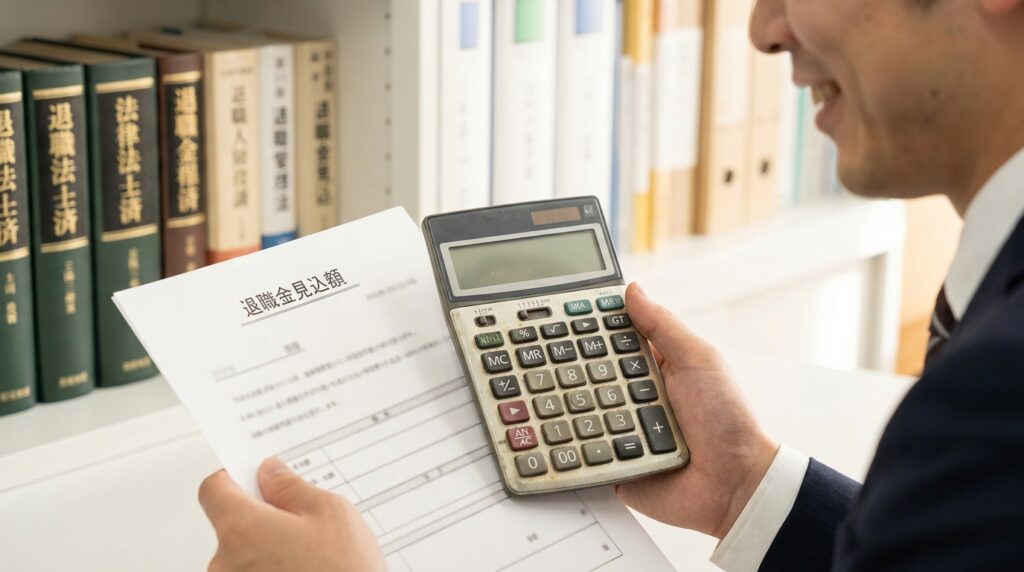 Man in a suit uses a calculator while reviewing a form on a desk beside a bookshelf.
