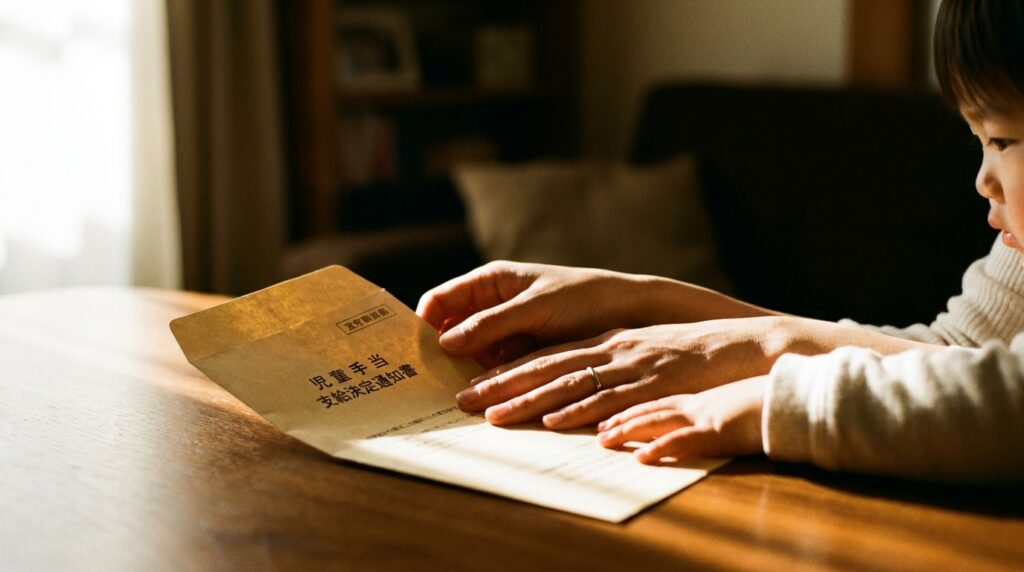 Child's hands rest on a yellowed document with Japanese text on a wooden table in warm light.