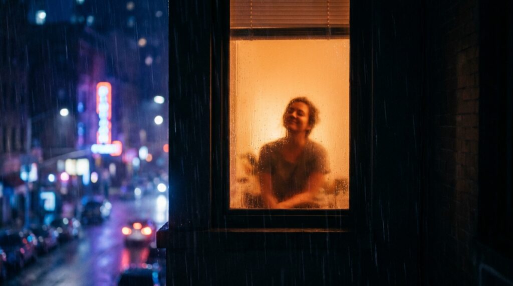 Person inside a warmly lit window looking out at a rainy city street at night.