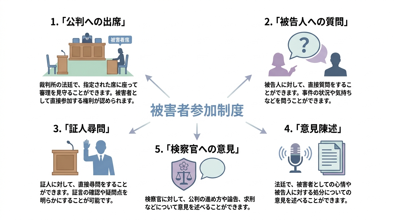 交通事故の被害者参加制度でできる5つのこと（公判出席、被告人質問、証人尋問、意見陳述、検察官への意見）をアイコンで分かりやすく示した図解。