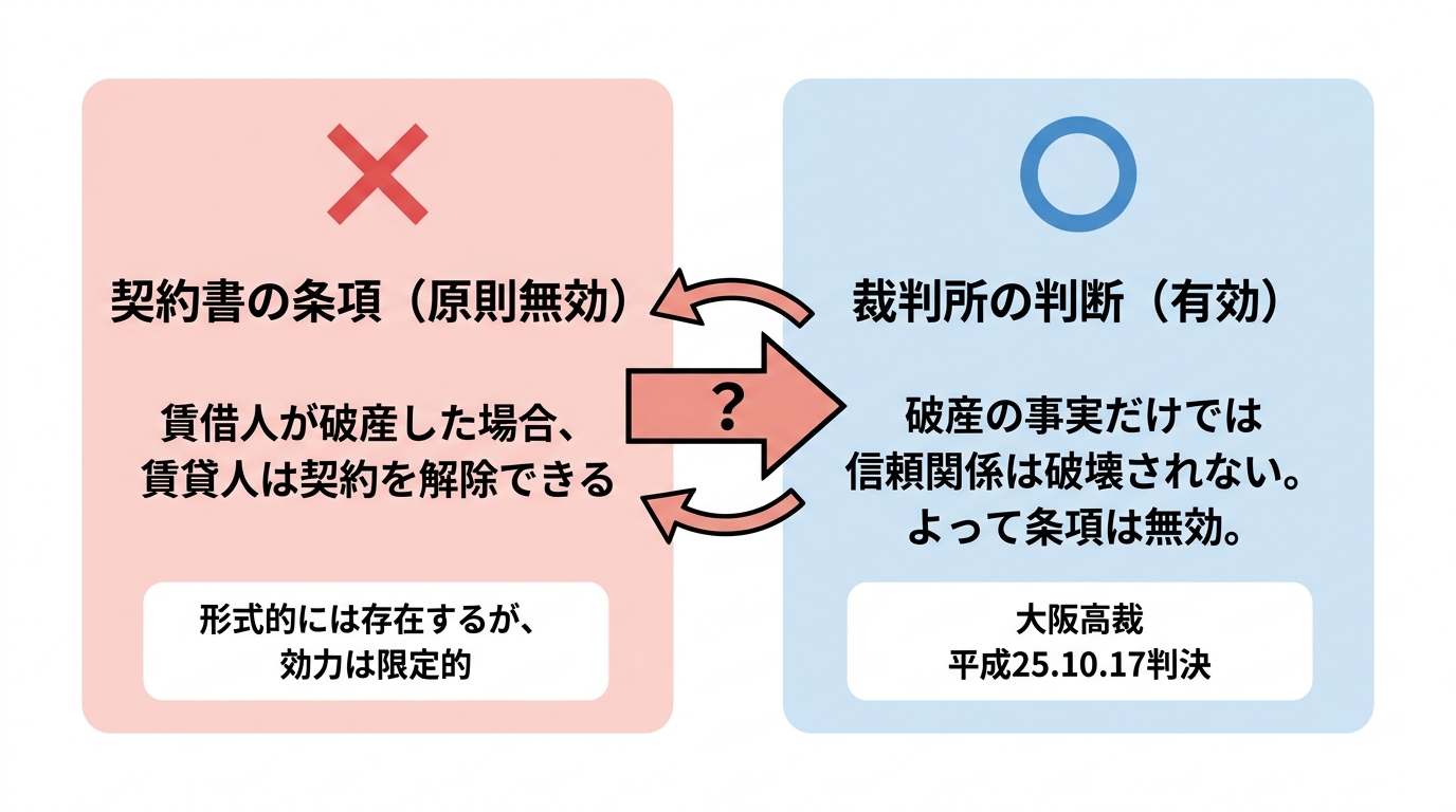 賃貸借契約の破産による解除条項に関する裁判所の判断を図解。契約書の条項は原則無効であり、破産の事実だけでは信頼関係は破壊されないという司法判断が示されている。