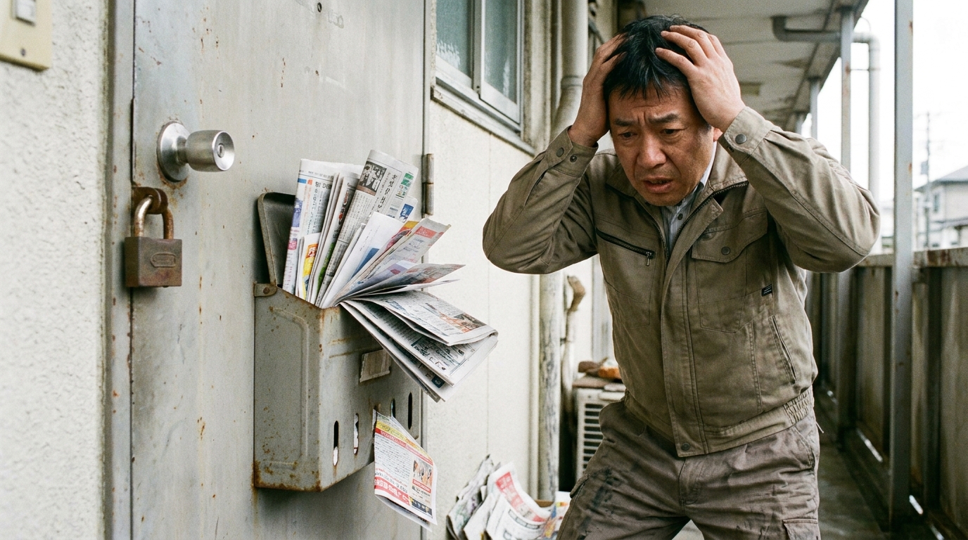 行方不明になった賃借人の部屋の前で頭を抱える大家。郵便受けには郵便物があふれている。