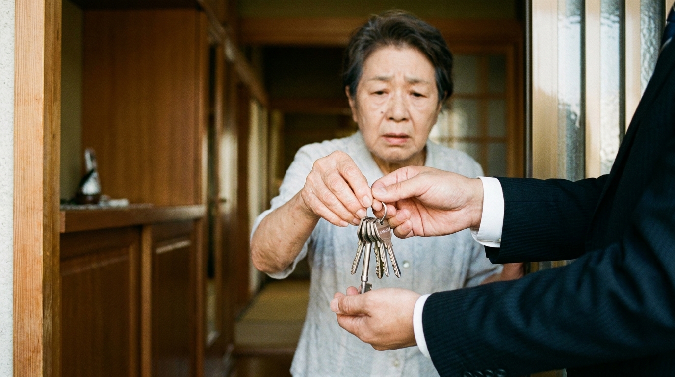 相続財産清算人に自宅の鍵を引き渡し、管理義務から解放されようとしている様子。