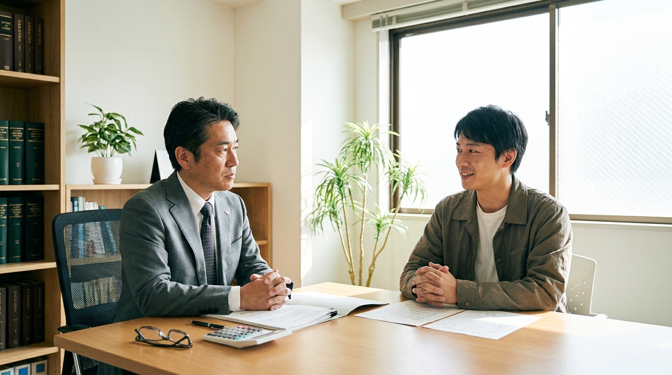 法律事務所で弁護士に相談し、退職金の問題について解決の糸口を見つけて安堵する男性。