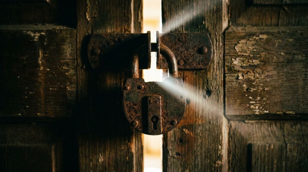 Rusty padlock securing a weathered wooden door, with light shining through the crack between planks.