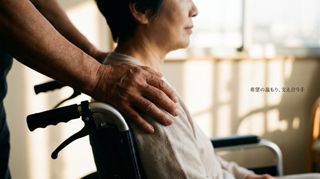 Older woman in a wheelchair with a caregiver resting a comforting hand on her shoulder in a sunlit room.