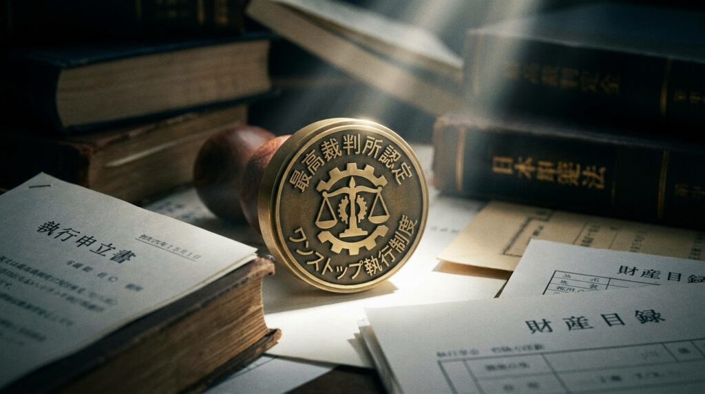 Gold circular seal with scales of justice and Japanese text, resting on legal documents and old books.