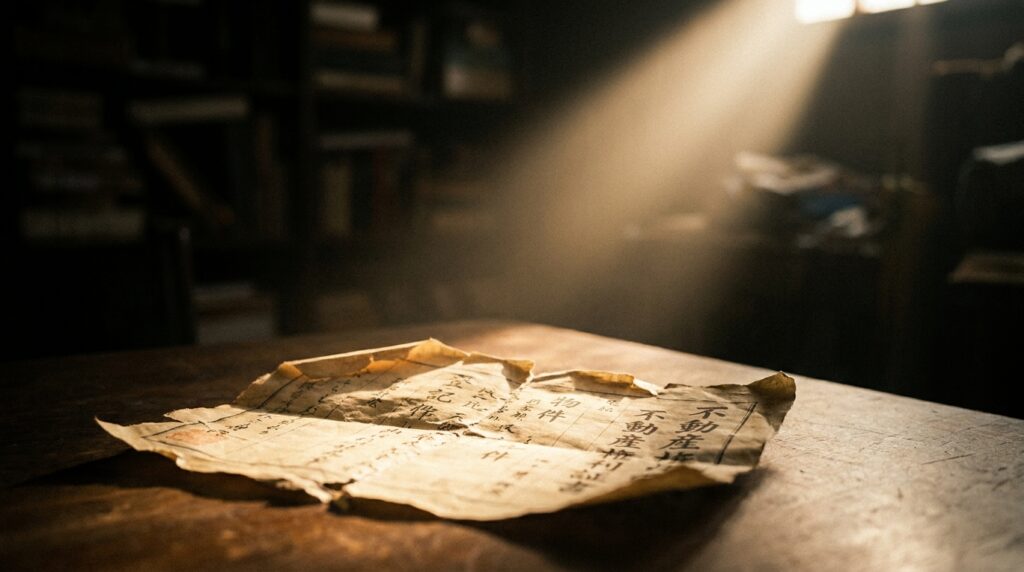 Torn old paper with Chinese characters laid on a wooden table, bathed in a shaft of sunlight in a dim room.