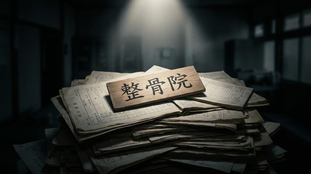 Pile of aged documents on a desk with a wooden plaque that reads '整骨院' in a dim room.