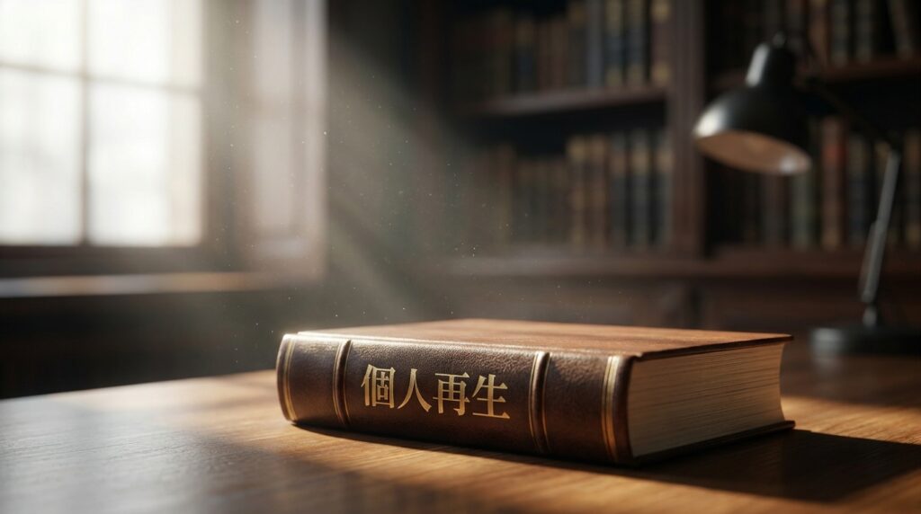 Leather-bound book with gold Chinese title '個人再生' on a sunlit wooden table in a quiet library, dust motes visible in the light.