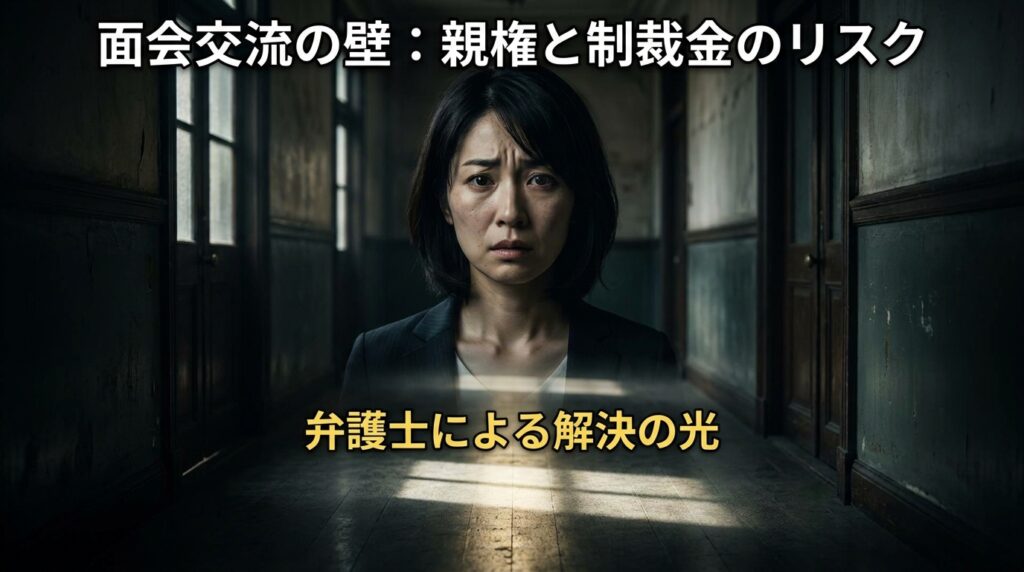 Worried woman in a dim hallway on a Japanese poster; top text reads '面会交流の壁：親権と制裁金のリスク' and bottom text '弁護士による解決の光'.