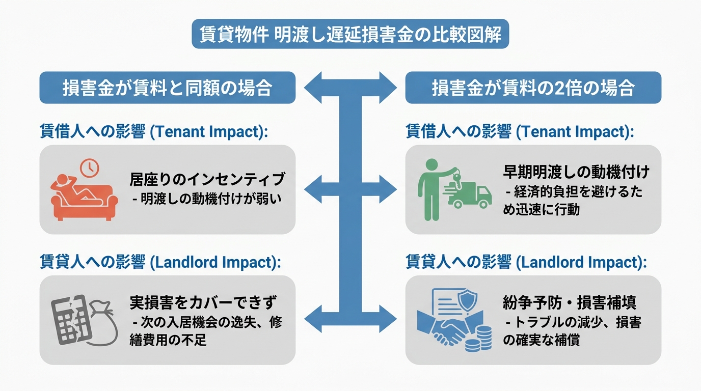 賃貸物件の明渡し遅延損害金が賃料と同額の場合と2倍の場合の比較図。2倍に設定することで、賃借人の早期明渡しを促し、賃貸人の損害を補填する効果があることを示している。