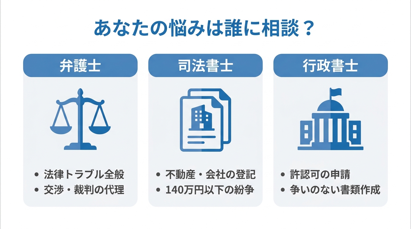 弁護士・司法書士・行政書士の業務範囲を比較した図解。弁護士は法律トラブル全般、司法書士は登記、行政書士は許認可申請が中心業務であることが示されている。