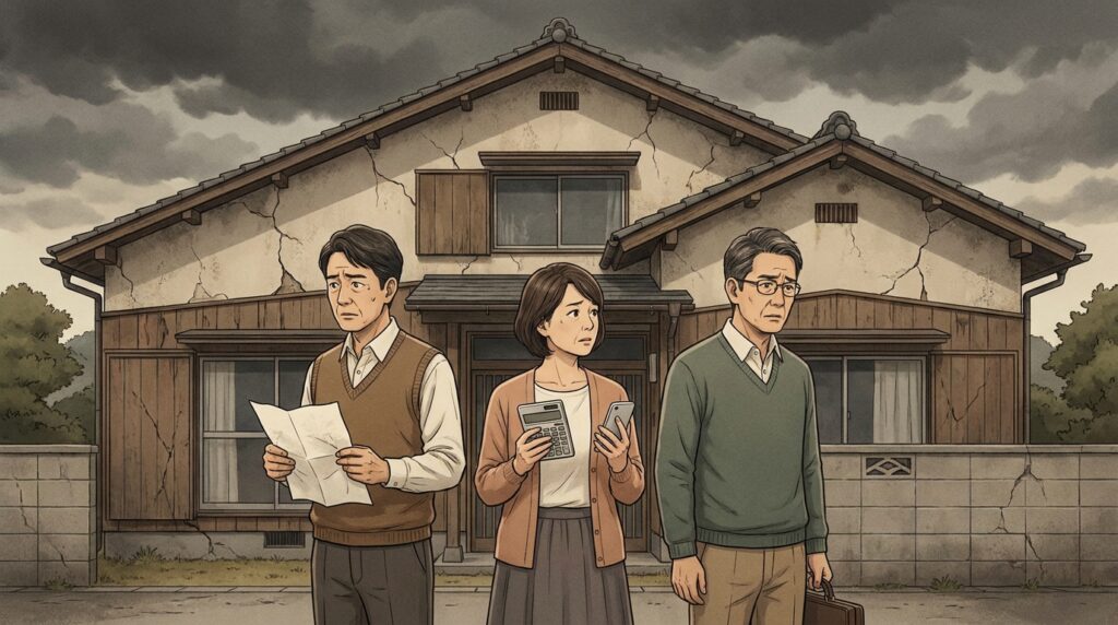 Three worried adults stand outside a cracked, damaged house on a stormy day, each holding papers or devices (map, calculator, phone) as they assess the damage and discuss next steps.
