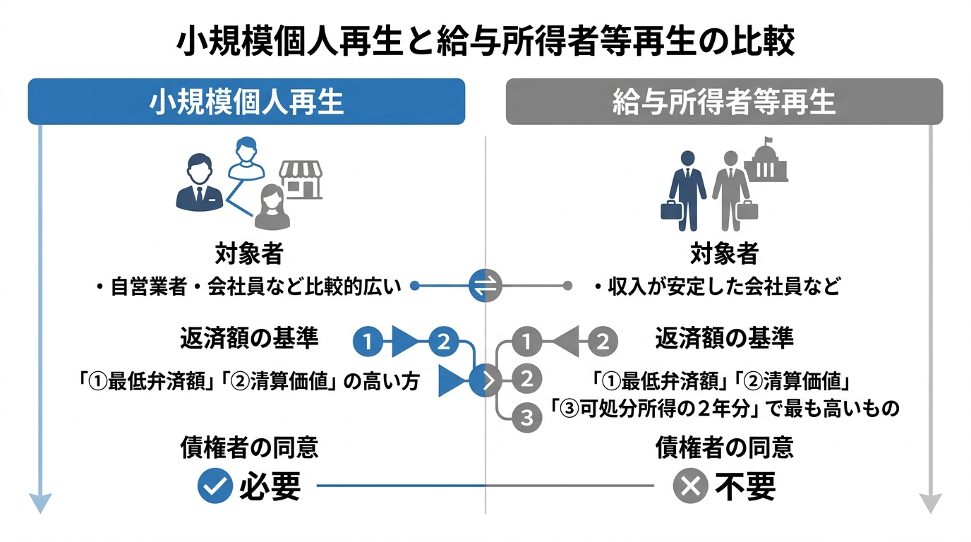 個人再生の2つの種類「小規模個人再生」と「給与所得者等再生」の対象者、返済額の基準、債権者の同意の要否という3つの違いを比較した図解。