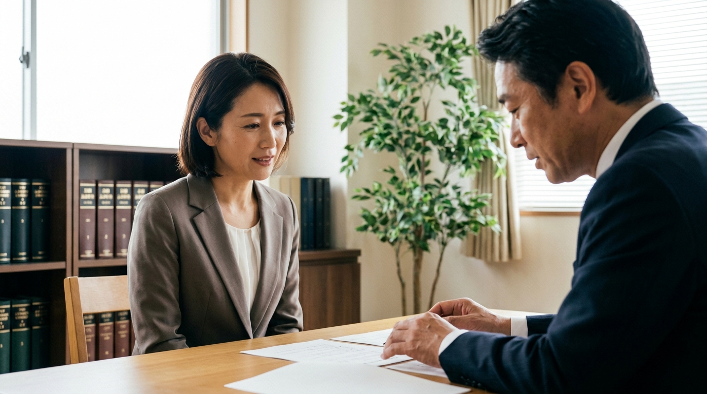 法律事務所で弁護士に相談し、アドバイスを受けて安心している女性。