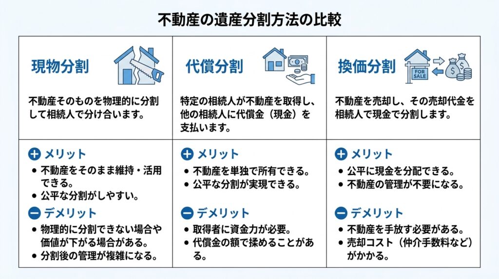 不動産の遺産分割方法を3つ比較する表。現物・代償・換価分割と、それぞれのメリット・デメリットを示す図解。