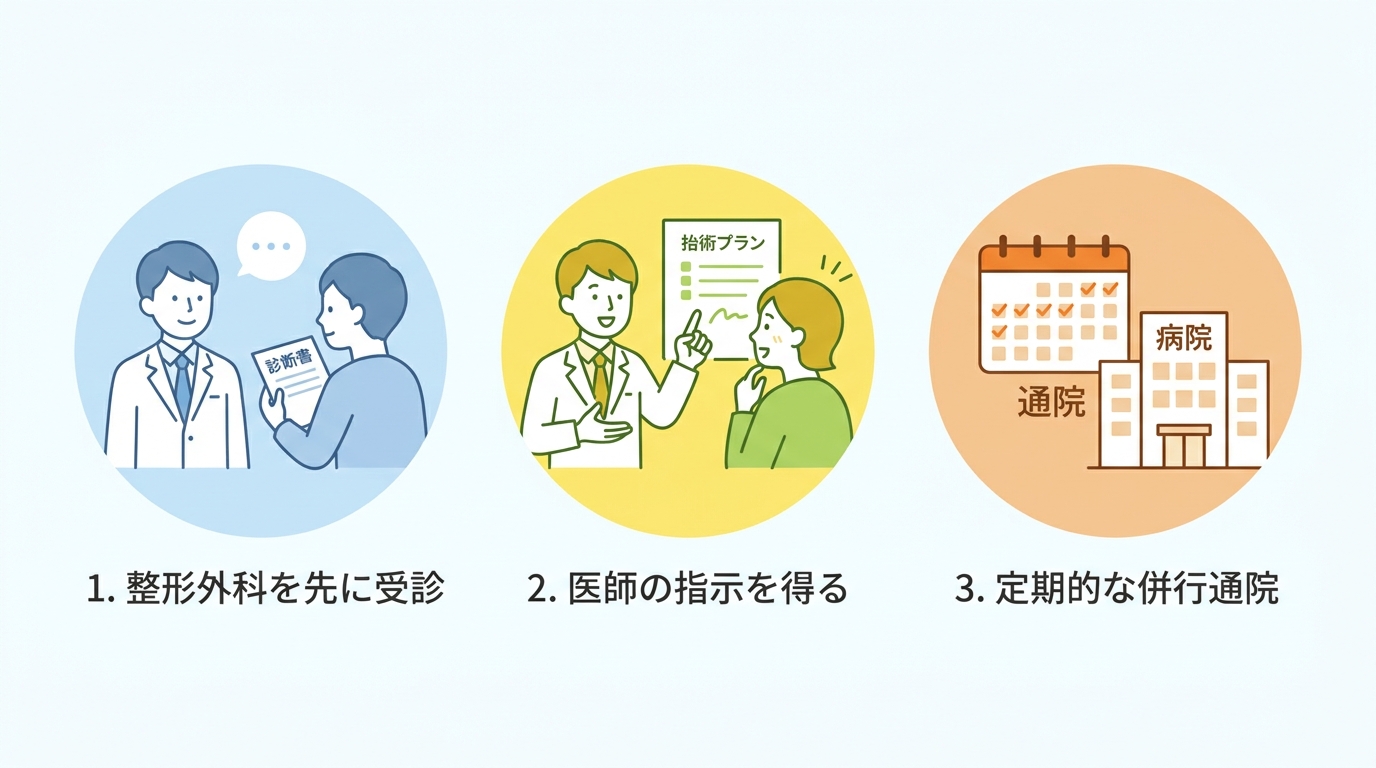 交通事故で整骨院に通う際に損をしないための3つの鉄則を示すイラスト。整形外科の受診、医師の指示、定期的な併行通院の重要性をアイコンで表現している。