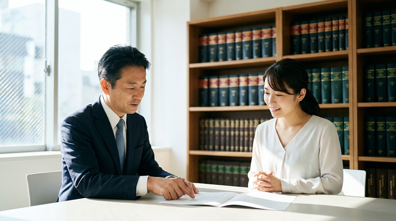 法律事務所で弁護士に相談する女性。弁護士からのアドバイスに少し安堵の表情を浮かべている。