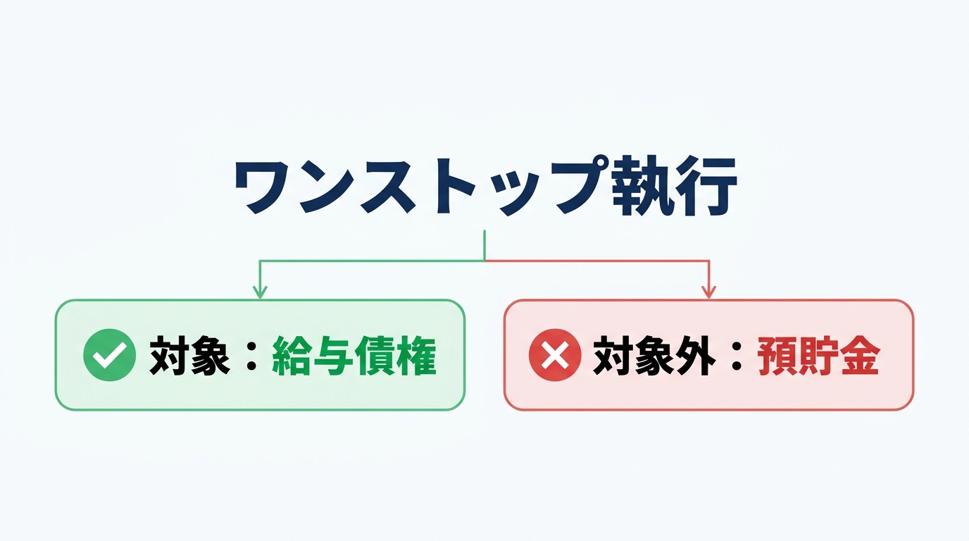 ワンストップ執行の対象財産を示す図。給与債権は対象であるが、預貯金は対象外であることを明確に示している。