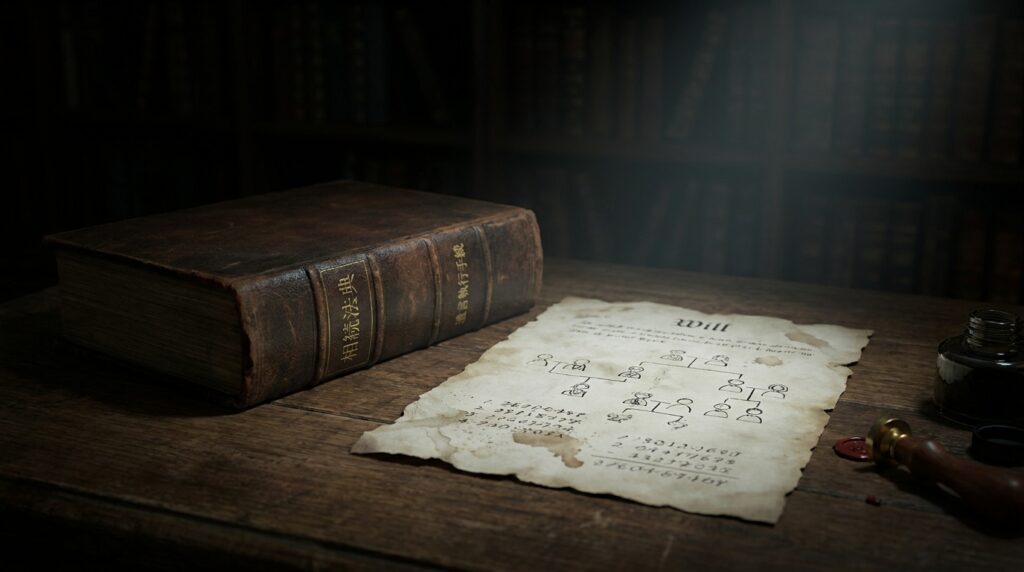 Ancient leather-bound book on a wooden desk beside a stained parchment labeled 'Will' with handwritten diagrams and text, an ink bottle, and a wax-sealed seal nearby.