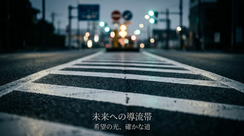 Low-angle view of a crosswalk fading into the street with blurred city lights; Japanese text overlay reads '未来への導流帯 希望の光、確かな道'