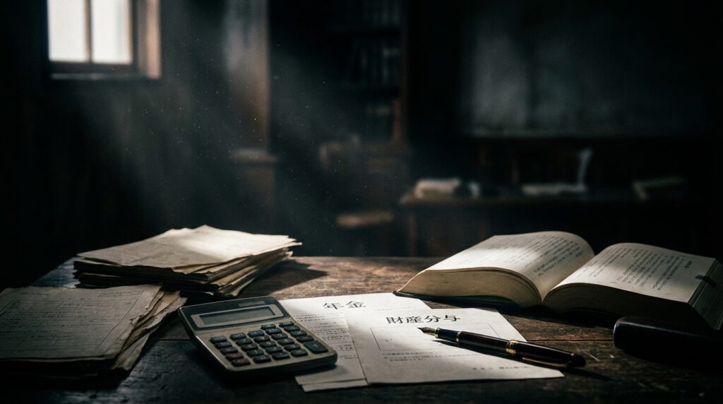 Old wooden desk with a calculator, stacks of papers, and an open book in a dimly lit room, dust motes drifting in a light beam from a window.