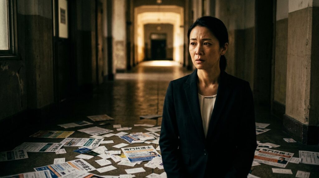 A woman in a dark blazer stands in a dim hallway with scattered flyers on the floor.