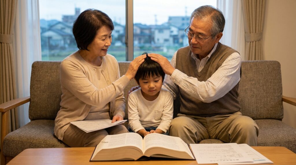 Grandparents gently hold the boy's head as they read together on a living room sofa with open books on the table in front of them.