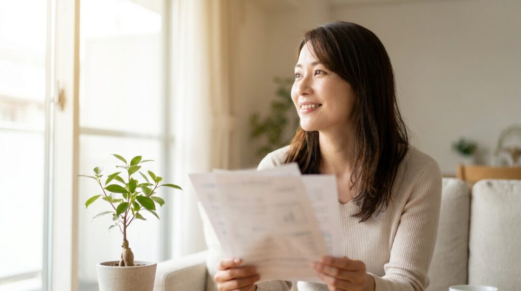 Smiling woman in a beige sweater reads papers on a sofa by a sunlit window, with a potted plant nearby.