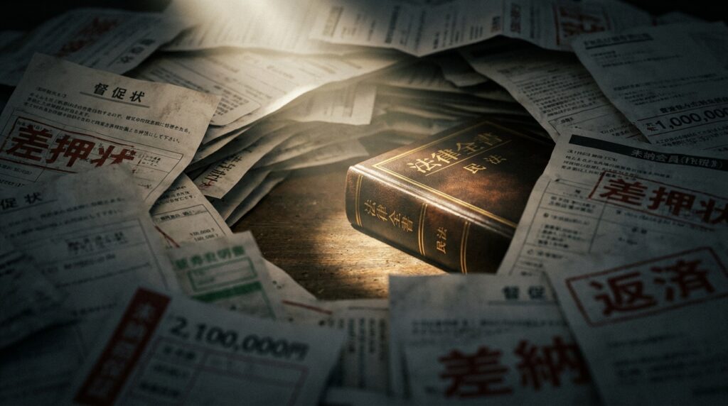 Dark, moody scene with a brown Chinese law book centered on a wooden surface, surrounded by scattered newspapers in Japanese/Chinese text.