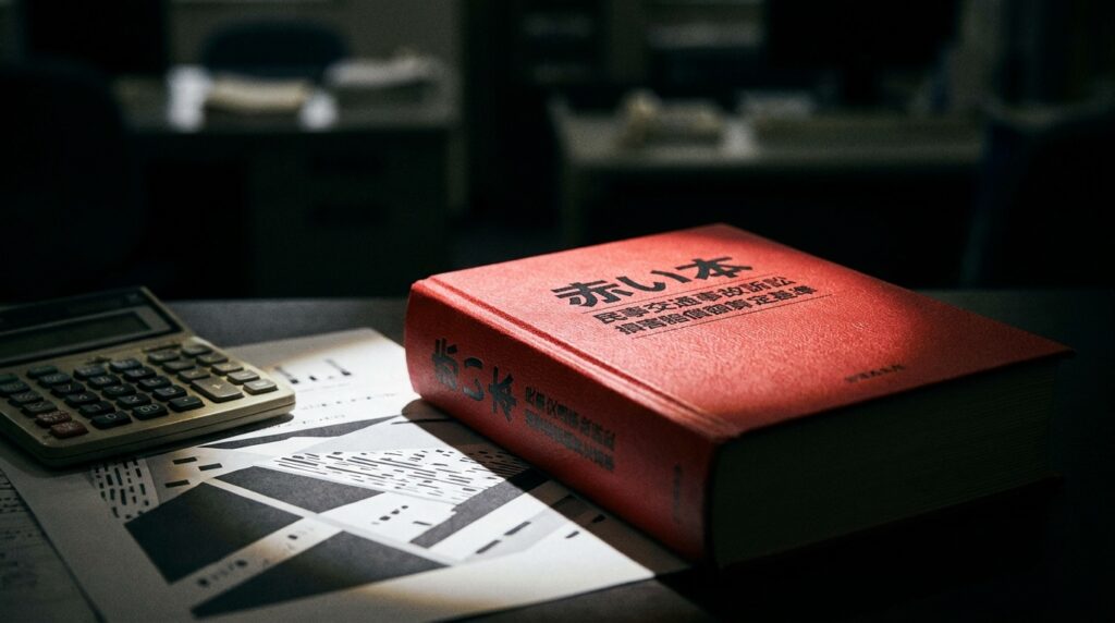 Red hardcover book with bold Japanese text rests on a desk next to a calculator and scattered papers in a dim office setting.