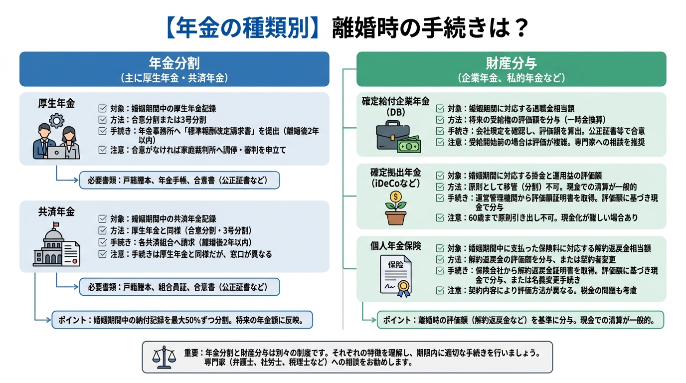 離婚時の年金の種類別に「年金分割」と「財産分与」のどちらの対象になるかを分類した図解。厚生年金と共済年金は年金分割、企業年金や個人年金は財産分与の対象となることが示されている。