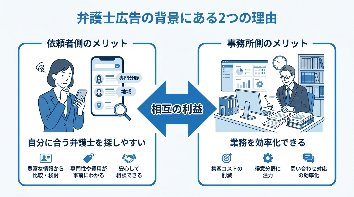 弁護士が「専門」を謳う理由を図解。依頼者側には「探しやすい」メリットが、事務所側には「業務効率化」のメリットがあることを示している。