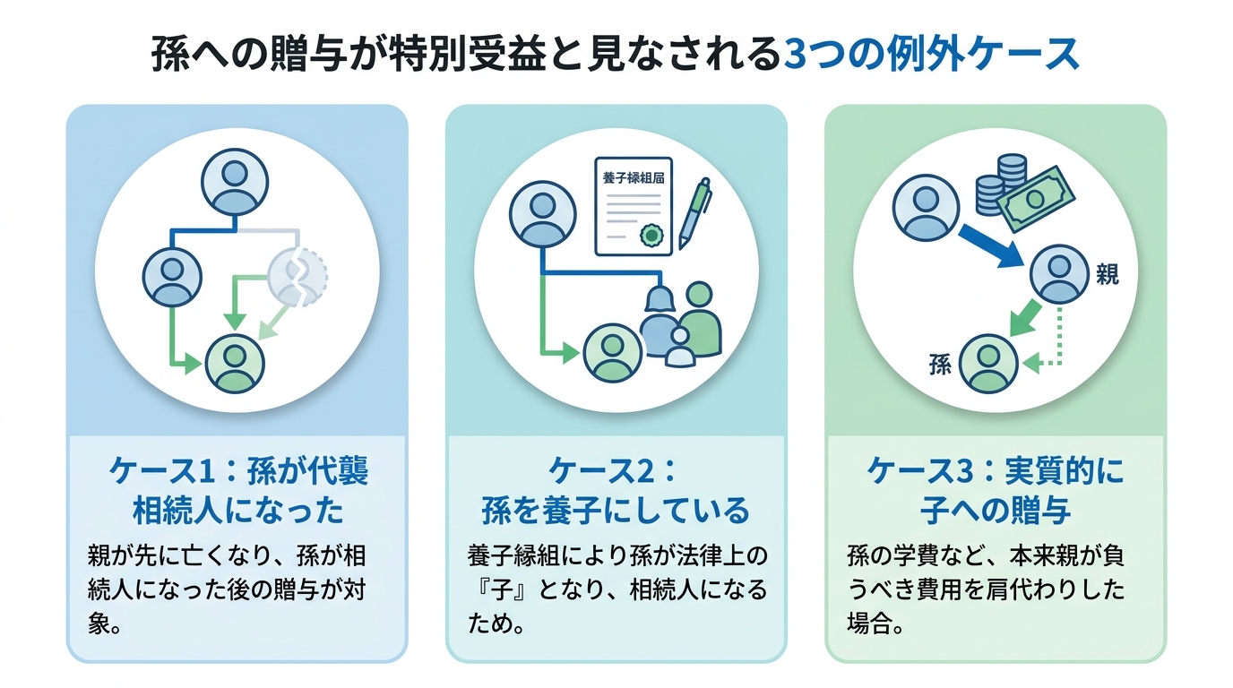 孫への贈与が特別受益になる3つの例外ケースを図解したインフォグラフィック。代襲相続、養子縁組、実質的な子への贈与の3パターンをアイコン付きで分かりやすく解説しています。