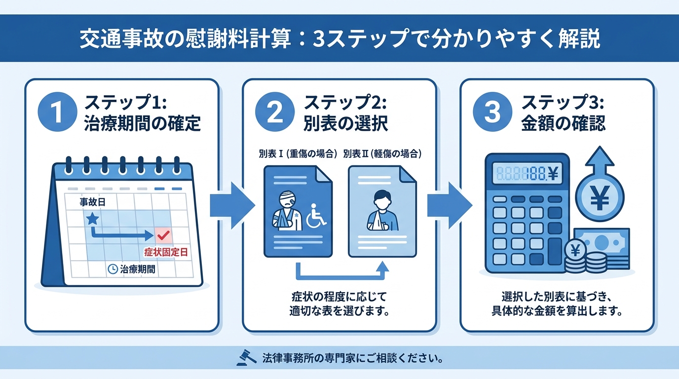 交通事故における入通院慰謝料の計算手順を示す3ステップの図解。ステップ1は治療期間の確定、ステップ2は別表の選択、ステップ3は金額の確認。