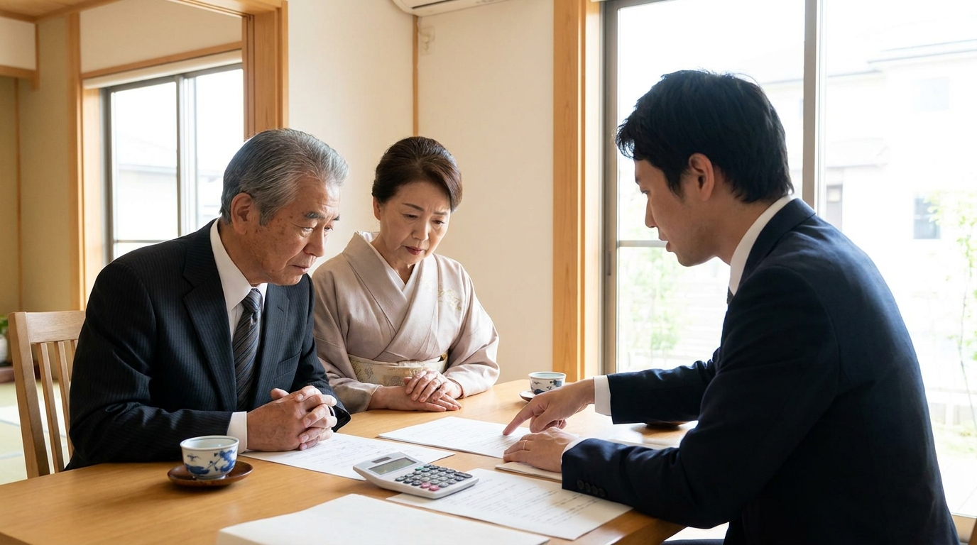 法律事務所で弁護士に相続問題について相談する夫婦。専門家による解決策の提案を受けている。