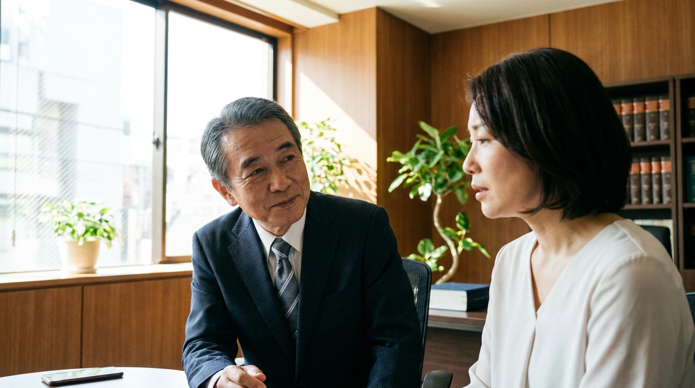 法律事務所で相談する女性と、親身に話を聞く弁護士。弁護士選びでは人柄や相性も重要であることを示唆している。