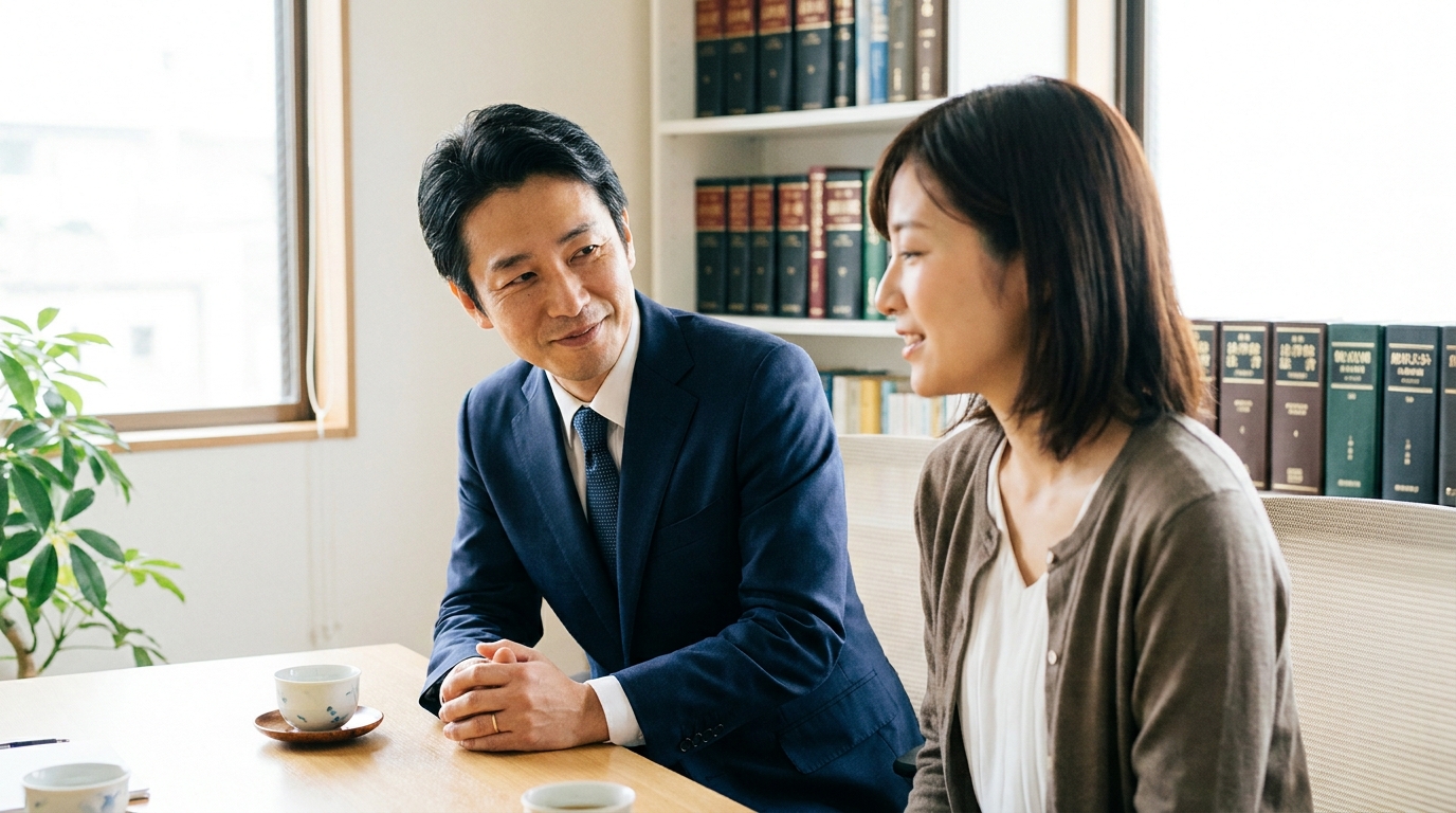 法律事務所で弁護士に相談し、安心した表情を浮かべる女性。弁護士費用の悩みについて解決策が見つかった様子。