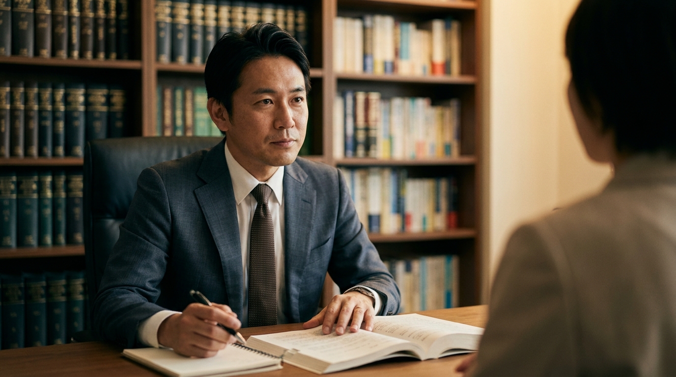 法律事務所で相談者の悩みに真摯に耳を傾ける弁護士。新生フィナンシャルの任意整理について専門家がサポートするイメージ。
