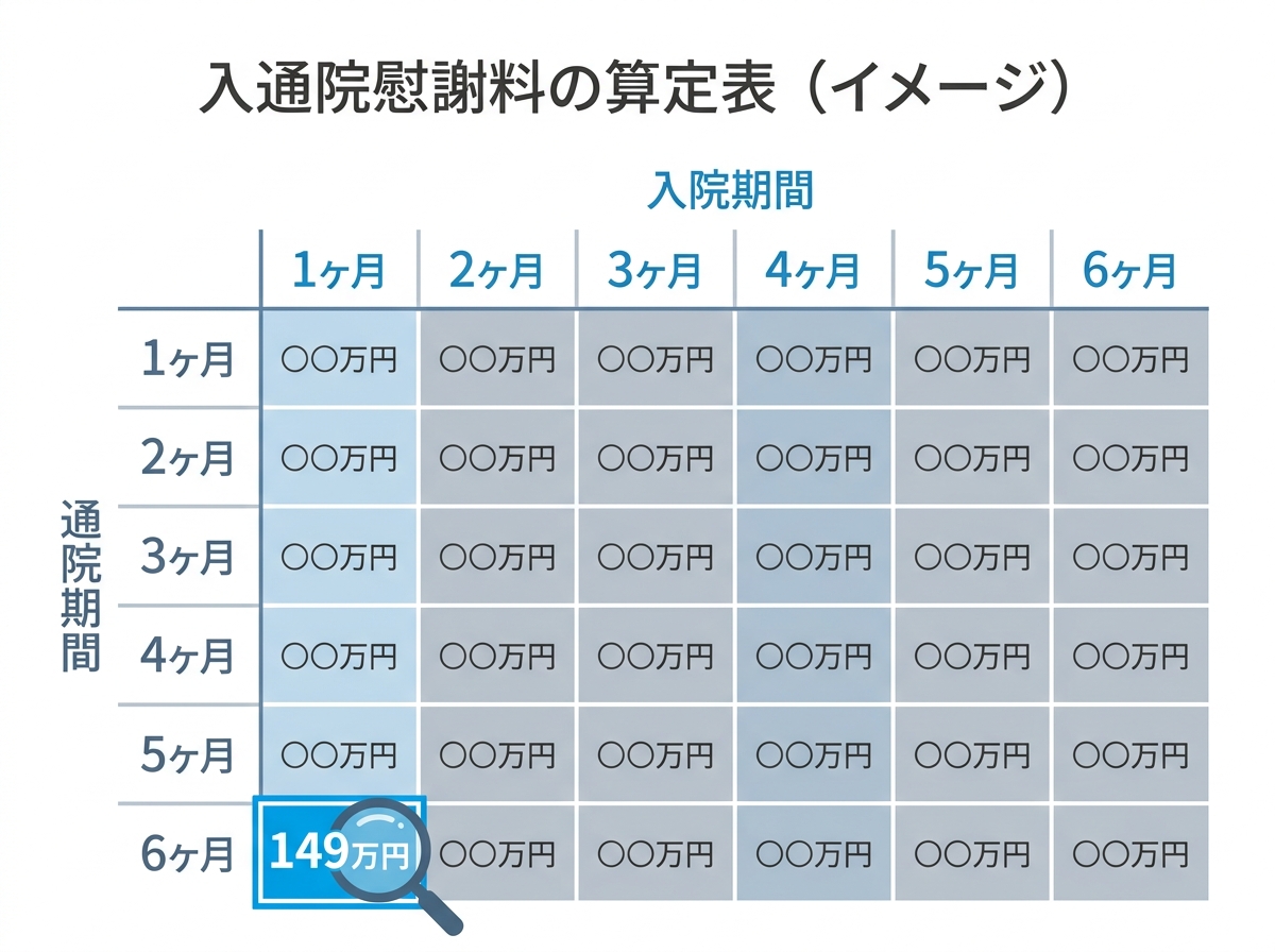 赤い本の慰謝料算定表の仕組みを説明する図解。「入院1ヶ月、通院6ヶ月」のケースでは149万円になることを示している。