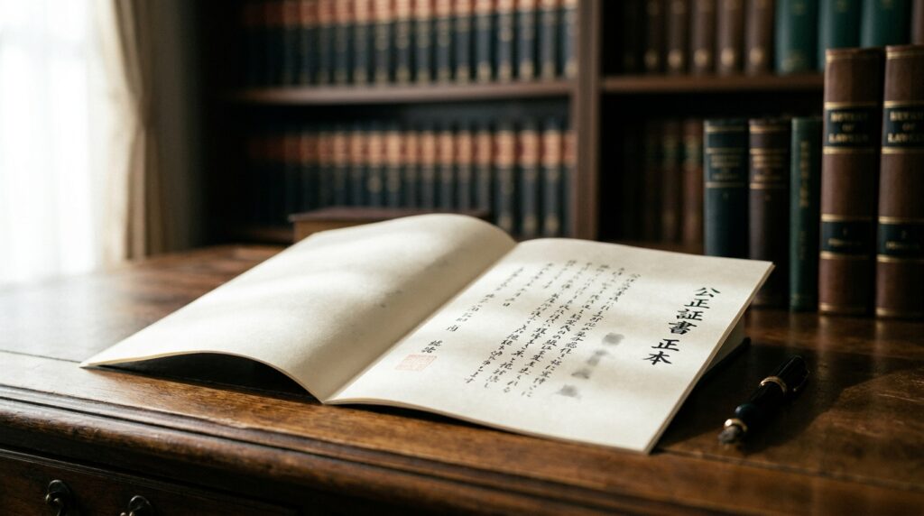 Open Japanese manuscript on a polished wooden desk, with a fountain pen nearby and shelves of books in the background.