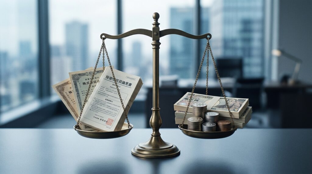 Bronze balance scale with legal documents on the left and stacks of cash on the right, symbolizing justice vs. money influence in a modern office setting.